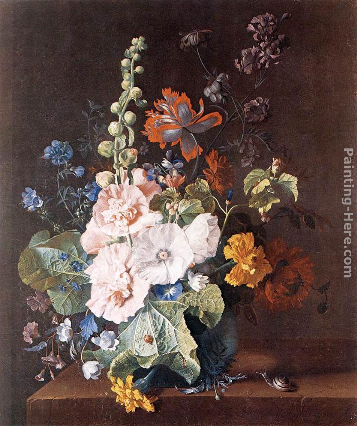 Hollyhocks and Other Flowers in a Vase painting - Jan Van Huysum Hollyhocks and Other Flowers in a Vase art painting